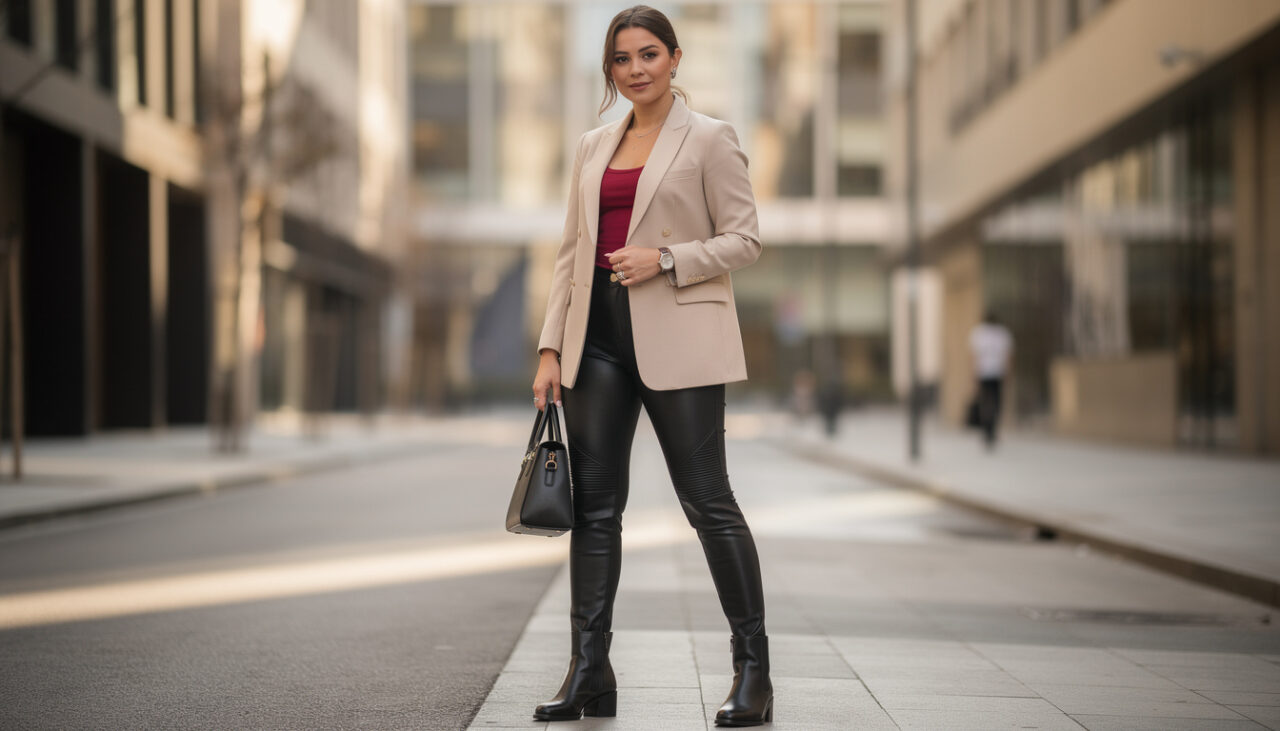 Legging moto femme : le transformer en pièce mode avec bottes, blazer et accessoires