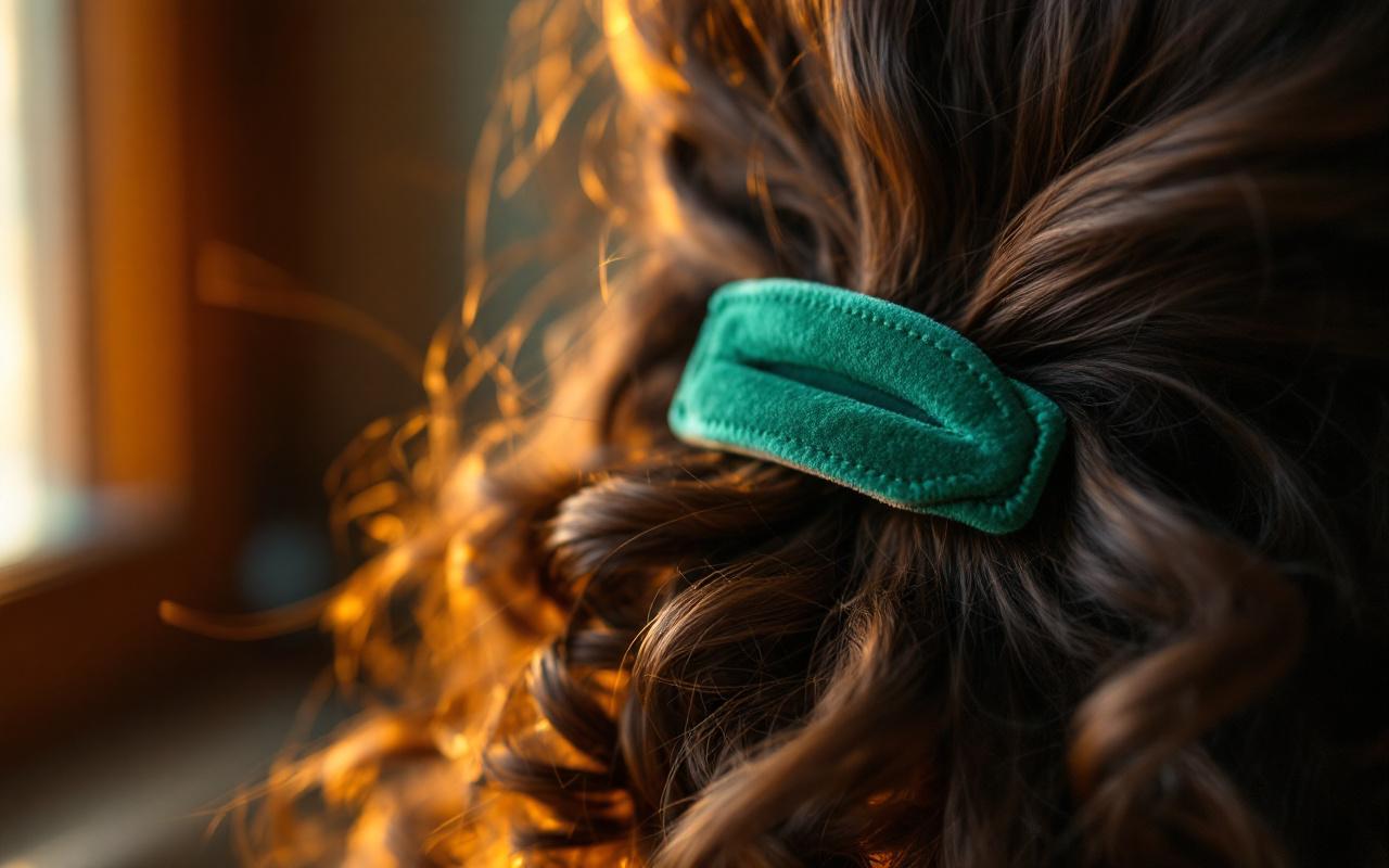 Gros plan sur des cheveux boucl&eacute;s retenus par une barrette en velours ; les boucles sont bien d&eacute;finies avec quelques m&egrave;ches en libert&eacute;, la barrette affiche une texture mate et des coutures discr&egrave;tes, lumi&egrave;re douce et chaude venant d'une fen&ecirc;tre, arri&egrave;re-plan flou.