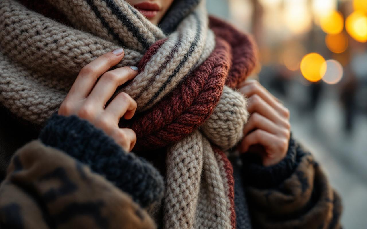 Gros plan sur des mains attachant une écharpe en laine oversize en un nœud élégant, texture épaisse du tricot bien visible, tons chauds crème, bordeaux et gris charbon, lumière douce de coucher de soleil, arrière-plan flou.
