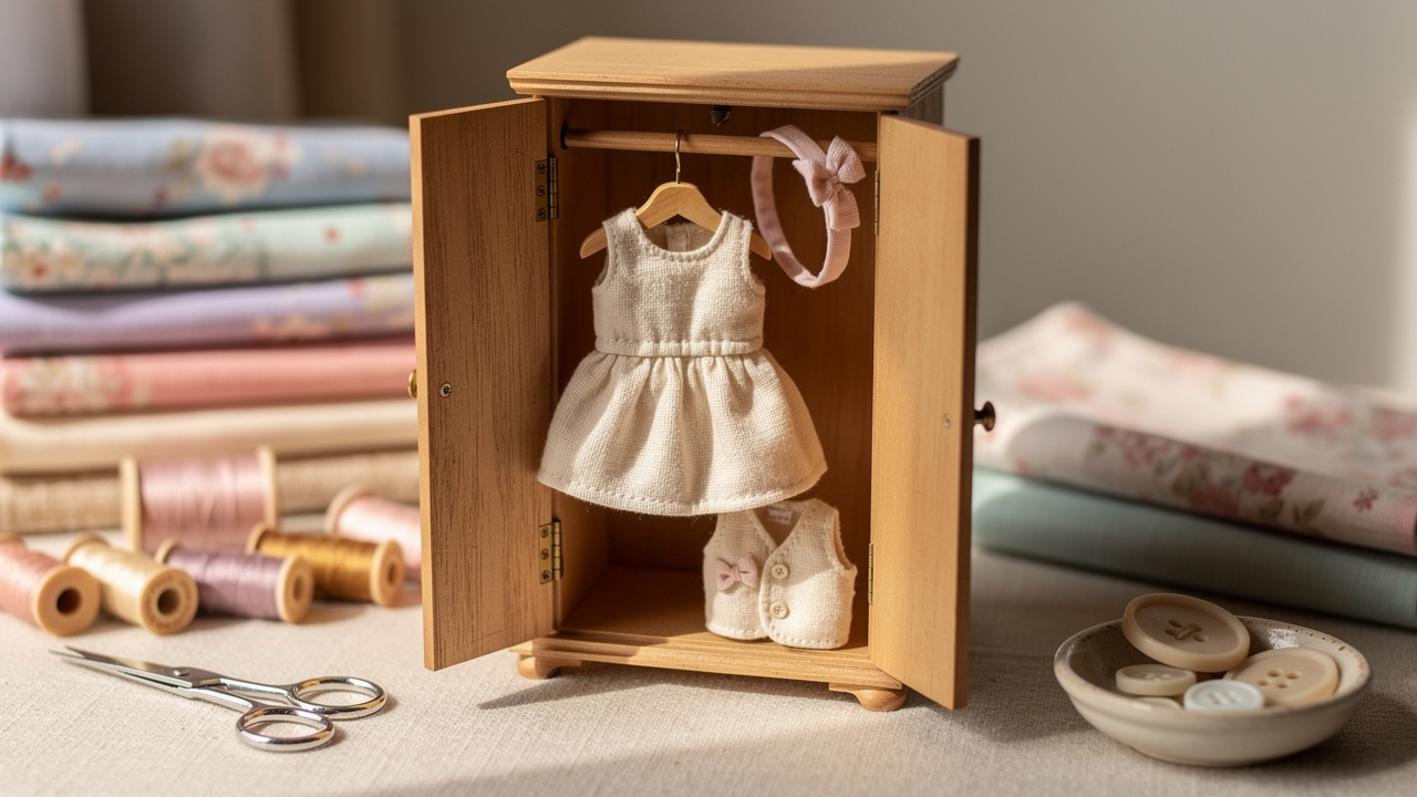 Mini-garde-robe élégante pour poupée avec jupe à taille élastiquée, bandeau, petit gilet en coton et matériel de couture soigneusement disposé.